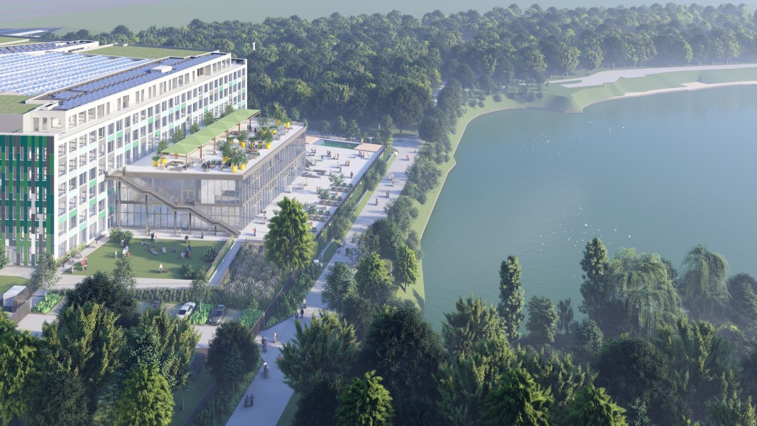 20230326-see_ostfassade-terasse, © Copypright/EUREF Campus Düsseldorf 20230326-see_ostfassade-terasse, © Copypright/EUREF Campus Düsseldorf